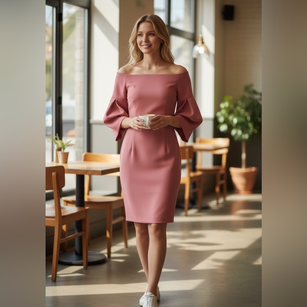 Antonio Melani Coral Pink Off Shoulder Puff Sleeve Sheath Dress Size 0